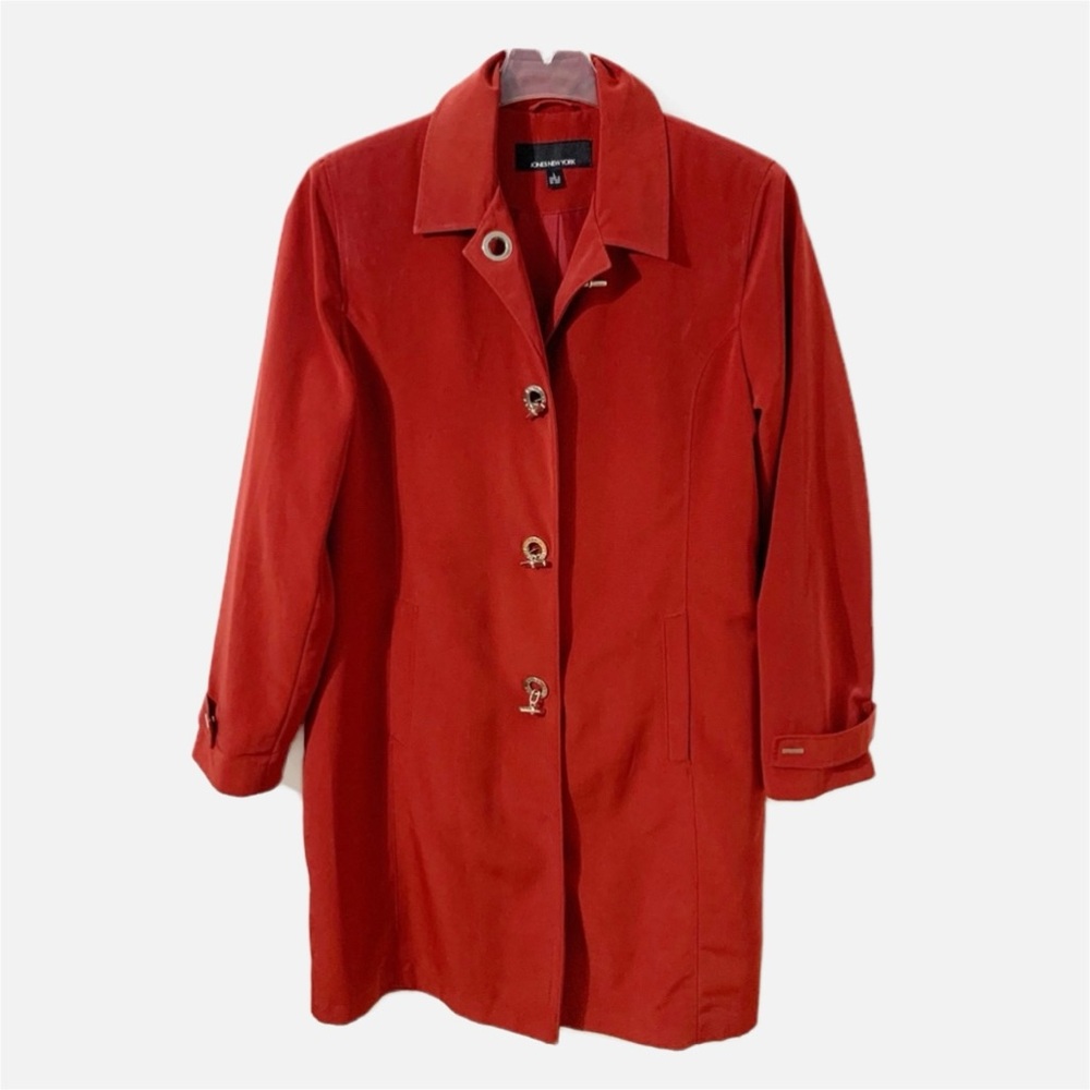Jones New York Long Fully Line Trench Coat Silver Tone Toggle Pointed Collar 🟥